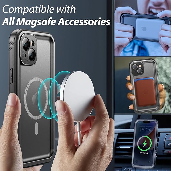 SPORTLINK for iPhone 14 Plus Case Waterproof - Buit in Screen Protector [Compatible with MagSafe][IP68 Underwater][6.6FT Military Dropproof][Dustproof] Full Body Shockproof Phone Case 6.7" Black
