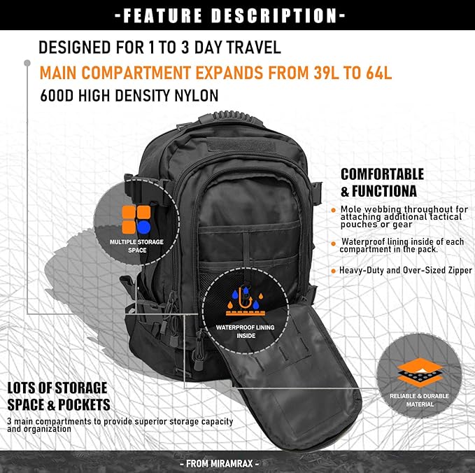 Miramrax Tactical Backpack Military Army Daypack - Assault Pack for Men Molle Backpacks Bug Out Bag 3 Day Pack for Hiking Camping Travel Hunting Rucksack Trekking Black