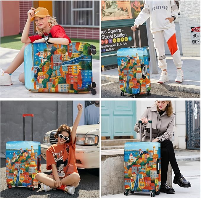 ANNA QUEEN Mediterranean Town Luggage Cover, Coastal City Suitcase Protector, Stretchable Washable Travel Cover for 32-34 Inch Luggage