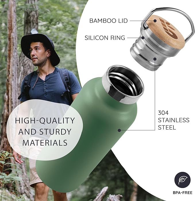 Bambaw 32oz Insulated Water Bottle, Metal Water Bottle Stainless Steel Great for Hiking, Lightweight and Easy to Carry, Durable, Made of High-Grade Stainless Steel (Sage Green)