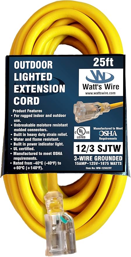 25 ft Outdoor Extension Cord Waterproof - 12 Gauge Heavy Duty Extension Cord 25 ft - Lighted Outdoor Extension Cords - Watts Wire - 25' Grounded - extensiones electricas
