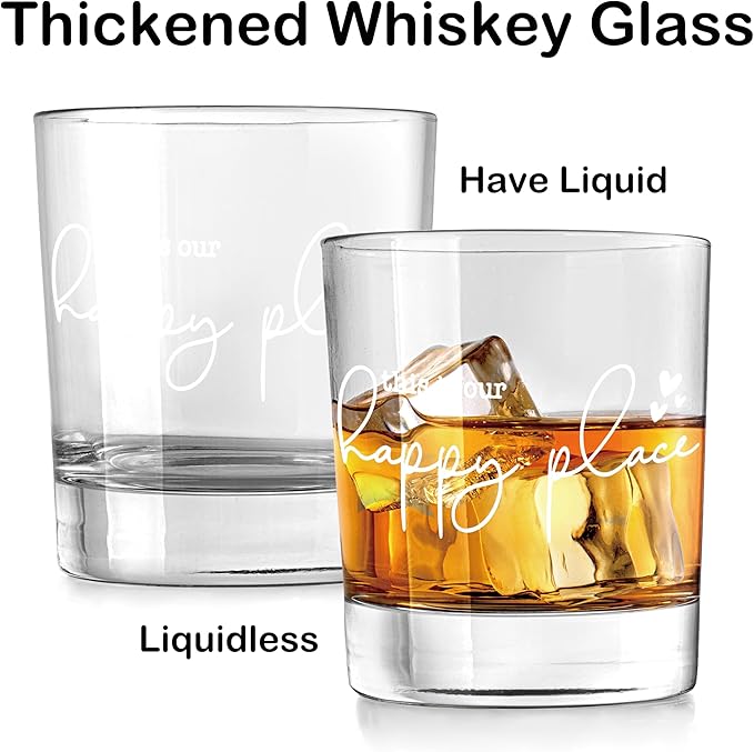 Nogrit This Is Our Happy Place Whiskey Glasses 10 oz, Modern Farmhouse Old Fashioned Rocks Glasses for Men Women Drinking Cocktail Scotch Vodka Tequila Rum