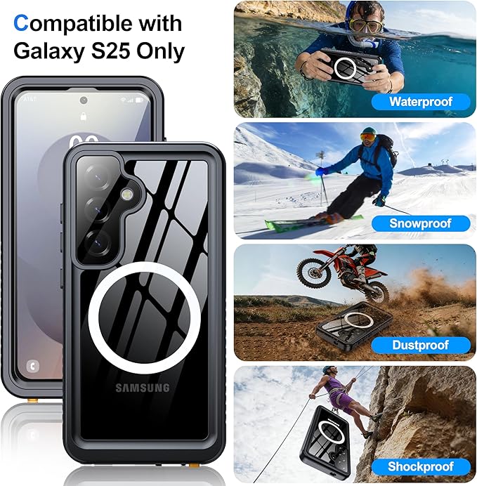 ANTSHARE IP68 Waterproof Case for Samsung Galaxy S25 [2025] - MagSafe Compatible, Built-in Screen/Lens Protector - Shockproof Full Body Protection for Swimming/Outdoor, Black/Clear