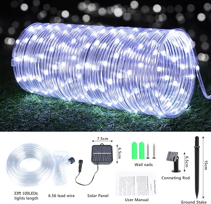 Solar Rope Lights, 33ft 100LED Solar String Lights, 8 Modes Waterproof Solar Powered Outdoor Light, Flexible Clear Tube Light for Garden, Backyard, Patio, Deck, Porch, Pool, Tree Decorative - White