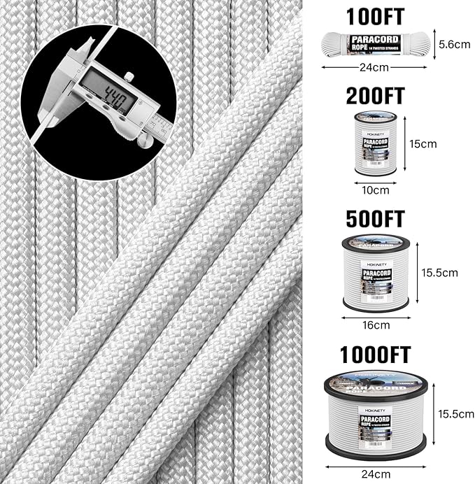 1200 Paracord Rope - 4.4mm 14 Strand Nylon Parachute Spool para Cord Lanyard for Outdoor Camping Survival Utility Tent Crafting DIY Projects Fishing Clothsline Bracelet - White 500FT