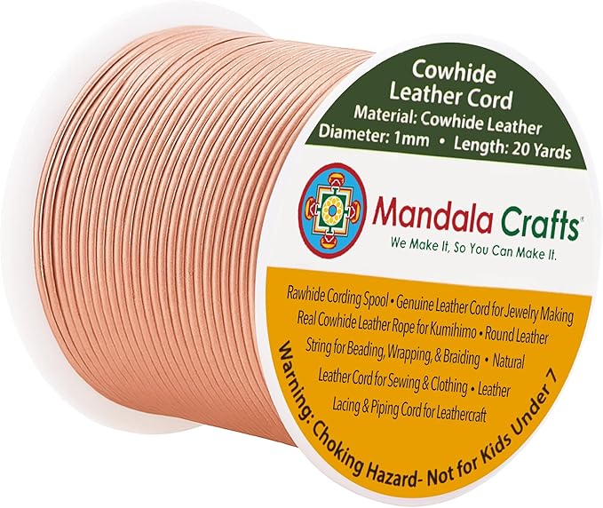 Mandala Crafts Round Genuine Rose Gold Leather Cord for Jewelry Making – 1mm Cowhide Leather Rope String Lace for Kumihimo – 20 Yards Cowhide Craft Cording Spool