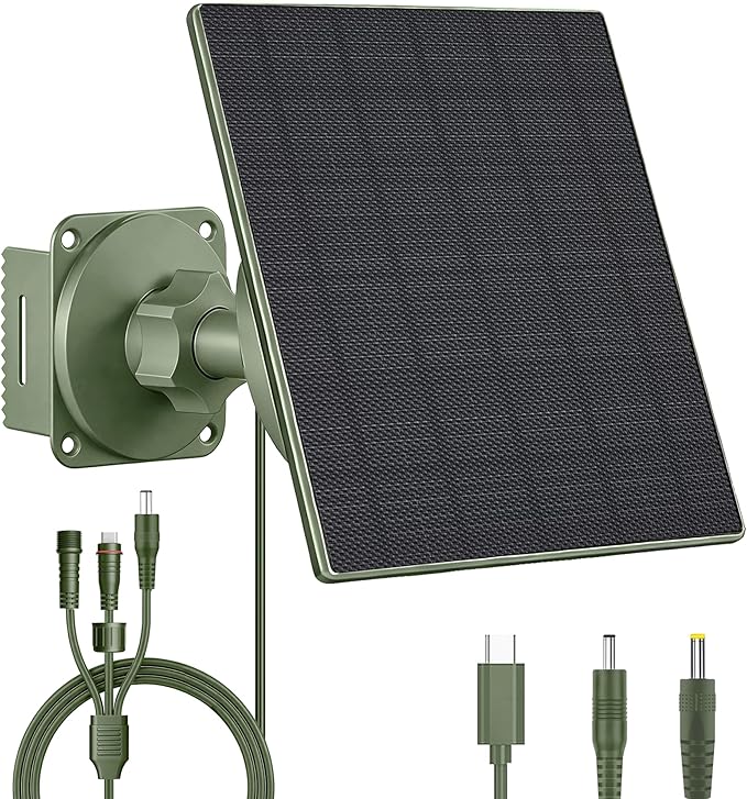 Zivif Solar Panel for Trail Camera, 5W Solar Charger Built-in 5200mAh Rechargeable Battery, Solar Charger 6V/12V Adjustable Output, USB-C & DC Plugs IP66 Waterproof, 360° Adjustable Mount