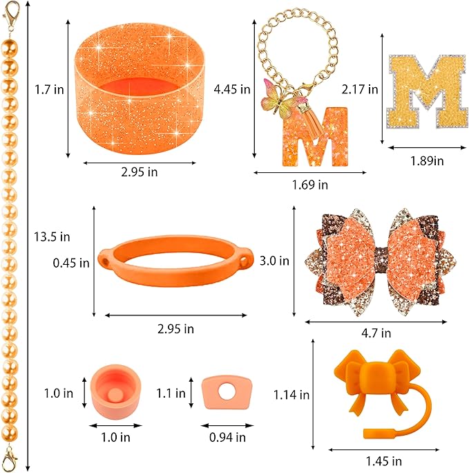9PCS Orange for Stanley Cup Accessories Set Bling Initials Bow Charms for Stanley Decorations 30/40 Oz Tumbler Accessories Including Bow Straw Topper, Handle Strap, Spill Stopper（Letter M）