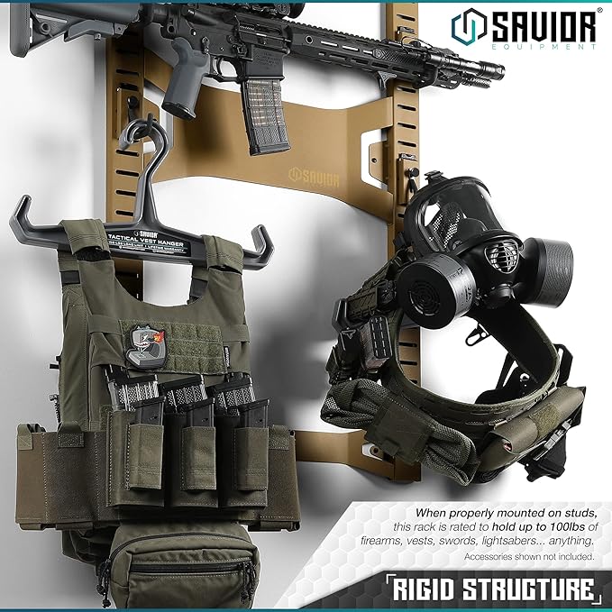 Savior Equipment Horizontal Steel Wall Mount Firearm Rifle Display Rack, Compound Bow Shotgun Carbine Gun Sword Tactical Vest Gear Hanger Free-Standing Indoor Storage Organizer, 10 Mounting Hooks