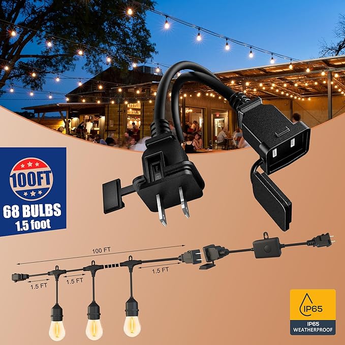 SUFEIMAS LED-Outdoor-String-Lights-Patio-Light-Outside 100FT Waterproof String Light with Remote Dimmer Outdoor Lighting with 68 Plastic Bulbs Hanging Lights for Porch Garden Backyard,1.5 FT Spacing