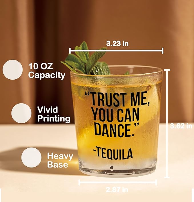 Nogrit Funny Tequila Whiskey Glasses 10 oz, Gifts for Tequila Lovers, Humoruos Old Fashioned Rocks Glasses for Men Women Drinking Cocktail Scotch Vodka Rum