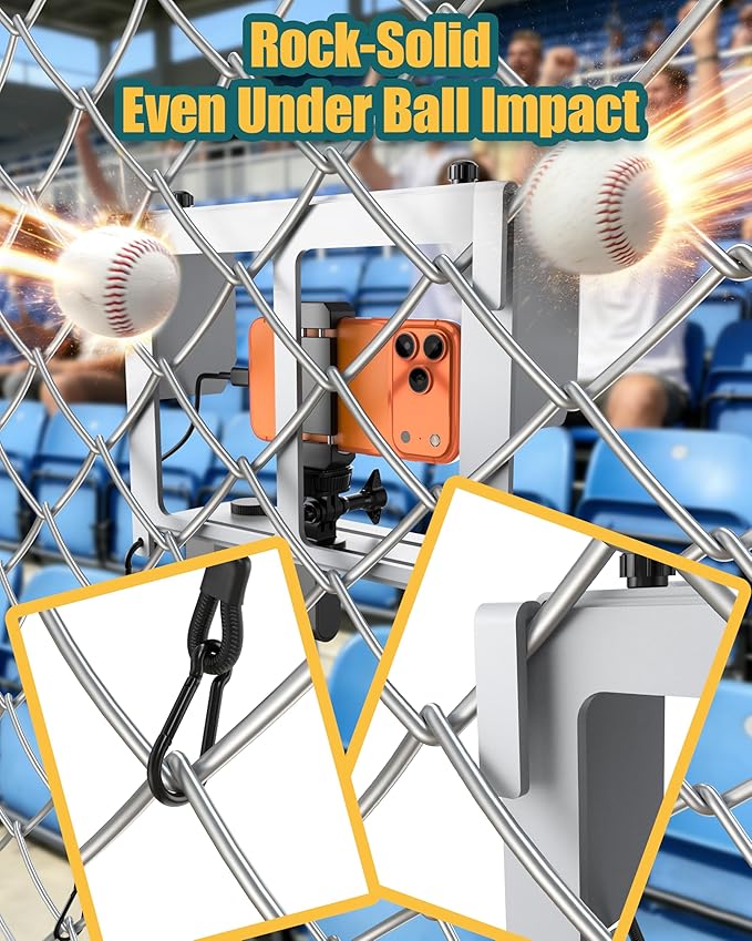 Stouchi Game Changer Mounting Kit, Fence Mount with Adjustable Sun Shade Power Bank Clip, Stable No-Shake Recording Kit for iPhone, Samsung, GoPro, Mevo Start for Baseball Softball Tennis-Silver