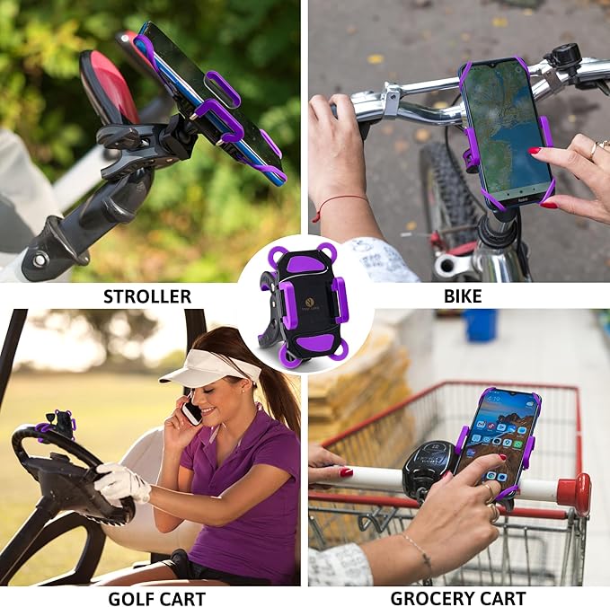 Baby Stroller Phone Holder, Shopping Cart, Golf Cart, Push Cart, Bike Phone Mount, for Motorcycle, Scooter, ATV, Boat, Spin Bike, Treadmill, Handlebar- Universal- iPhone, Cell Phone Clamp (Purple)