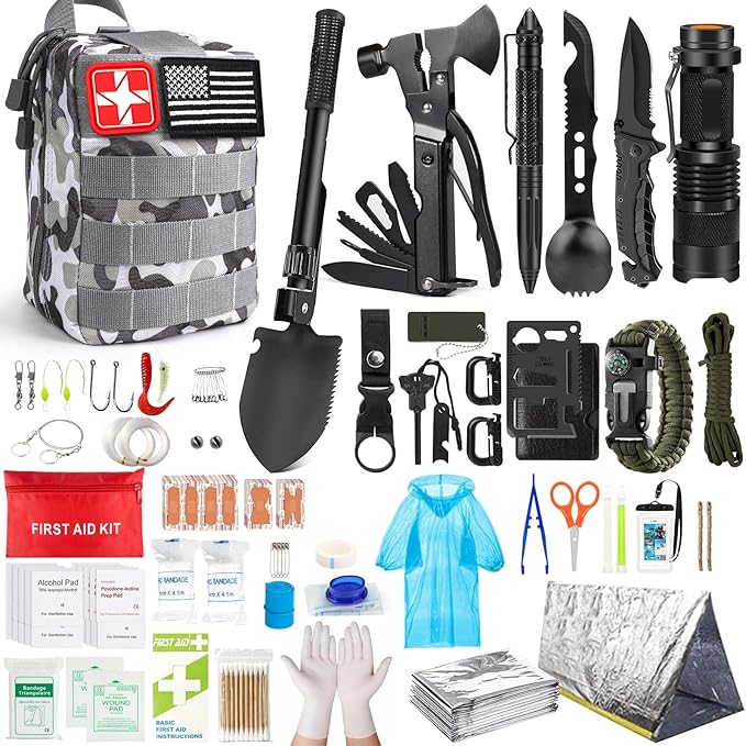 Survival Kit, 251 Pcs Survival Gear First Aid Kit with Molle System Compatible Bag and Emergency Tent, Emergency Kit for Earthquake, Outdoor Adventure, Hiking, Hunting, Gifts for Men Women