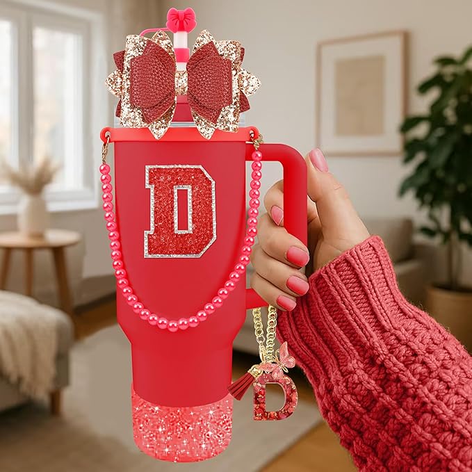 9PCS Red for Stanley Cup Accessories Set Bling Initials Bow Charms for Stanley Decorations 30/40 Oz Tumbler Accessories Including Bow Straw Topper, Handle Strap, Spill Stopper（Letter D）