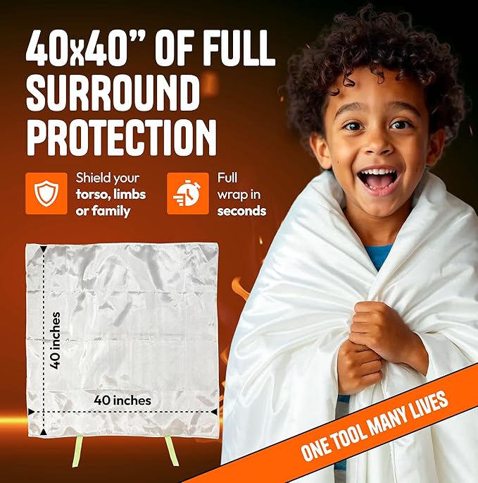 Emergency Fire Blanket 40"x40" (4-Pack) – Fireproof Survival Blanket for Home, Kitchen, RV & Camping – Smothers Grease & Electrical Fires – Reusable, Pet & Family Safe Fire Safety Gear