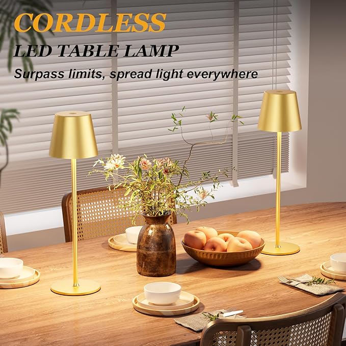 Kakanuo Cordless Table Lamp Rechargeable Gold - KK 2 Pack 5000mAH Battery Operated Lamp for Dining Table, 3 Color Stepless Dimming Wireless Lamp for Counter, Outdoor Patio, Touch Control