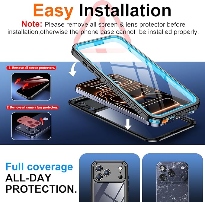 SPIDERCASE for iPhone 17 Pro Max Case Waterproof, Built-in Lens & Screen Protector, Full Heavy Duty Protection, 12FT Military Shockproof, Dustproof, Anti-Scratched Phone Case,Blue/Clear