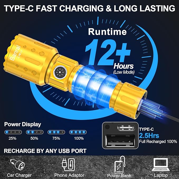Banral Flashlights High Lumens Rechargeable, Super Bright Long Range Small Powerful Flashlight, 6 Modes LED Tactical Pocket Waterproof Flash Light for Home Emergency (1, Yellow Gold)