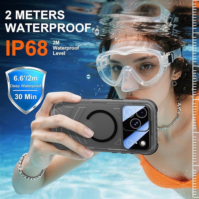 SPIDERCASE Magnetic for iPhone 17 Pro Max Case Waterproof,[Built-in Screen & Camera Protector] [IP68 Underwater] 12FT Military Shockproof, Dustproof, Anti-Scratched Phone Case,Black/Clear