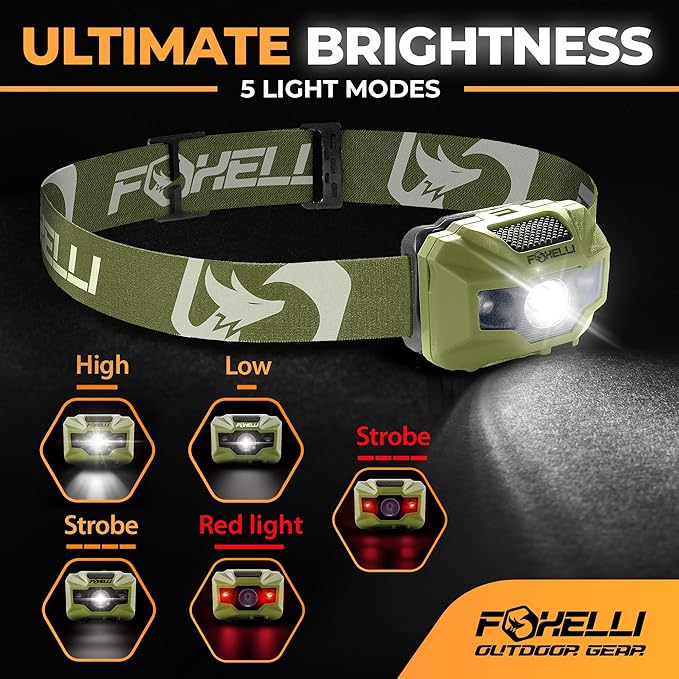 Foxelli USB‑C Rechargeable LED Headlamp – Ultra‑Light 2.4 oz & Bright 180 Lumens – Red/White Light, 5 Modes, IPX5 Waterproof, 40 h Runtime for Trail Running, Camping, Hiking
