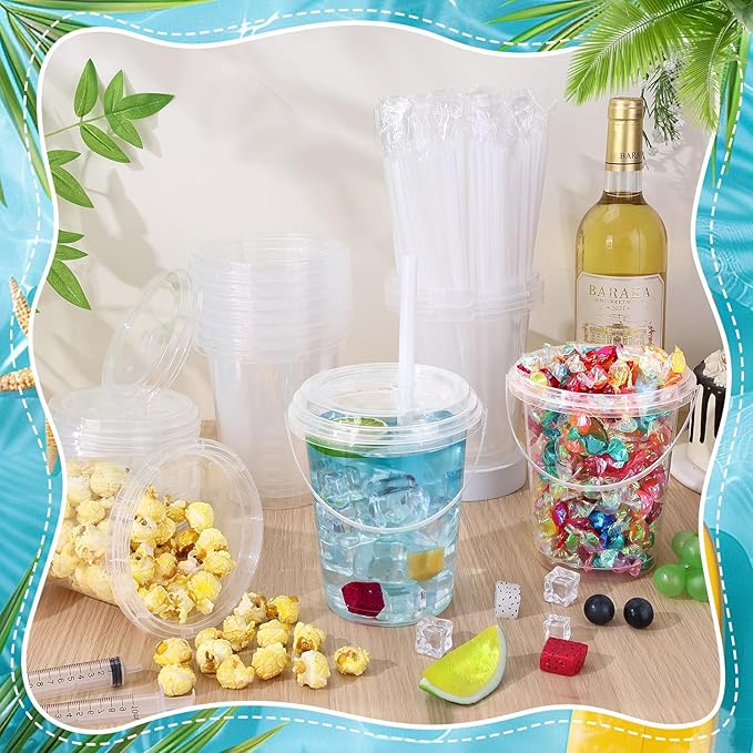 30 Sets 34 oz Drink Buckets with Lids and Straws, Disposable Clear Plastic Party Cups with Handles for Rum, Iced Coffee, Smoothies, Milkshakes, Sturdy Beverage Tubs for Pool Beach and Outdoor Parties