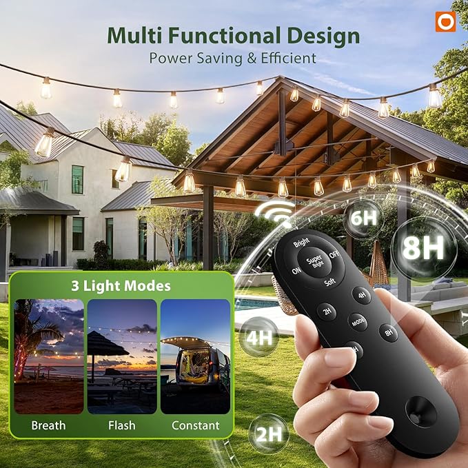 addlon 102FT(96+6) Solar String Lights Outdoor Waterproof with Remote, 30+2 LED Shatterproof Bulbs, Dimmable & Timable, Solar Lights Outdoor, Patio Lights for Garden, Backyard, Party, Camping Decor