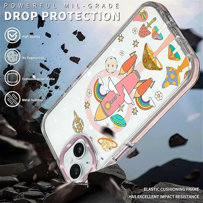 Case for iPhone 13/14,[Compatible with MagSafe],Spaceship Mushroom Phone Case Design，for Women Girls Magnetic Clear Cover - Slim, Sleek, & Shockproof Protection