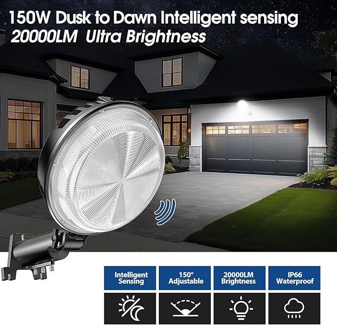 LED Barn Light, 150W 20000LM Dusk to Dawn Outdoor Security Light, 150° Adjustable Angle with Photocell Sensor, 6500K Daylight, IP66 Waterproof, for Parking Lot, Yard, Garage, Farmhouse