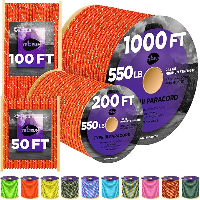 TECEUM Reflective Paracord Rope 1000 – 1000ft/200ft/100ft/50ft – 40+ Colors – Glow in The Dark – para Cord – Utility Rope for Survival, Hunting & Camping Gear – Nylon String, Camping Rope, Tent Cord