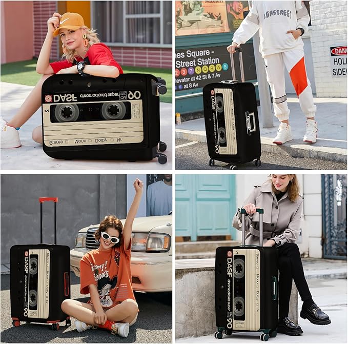 ANNA QUEEN Retro Cassette Tape Luggage Cover, Vintage Music Design Suitcase Protector, Washable Stretchable Travel Sleeve for 28-30 Inch Luggage
