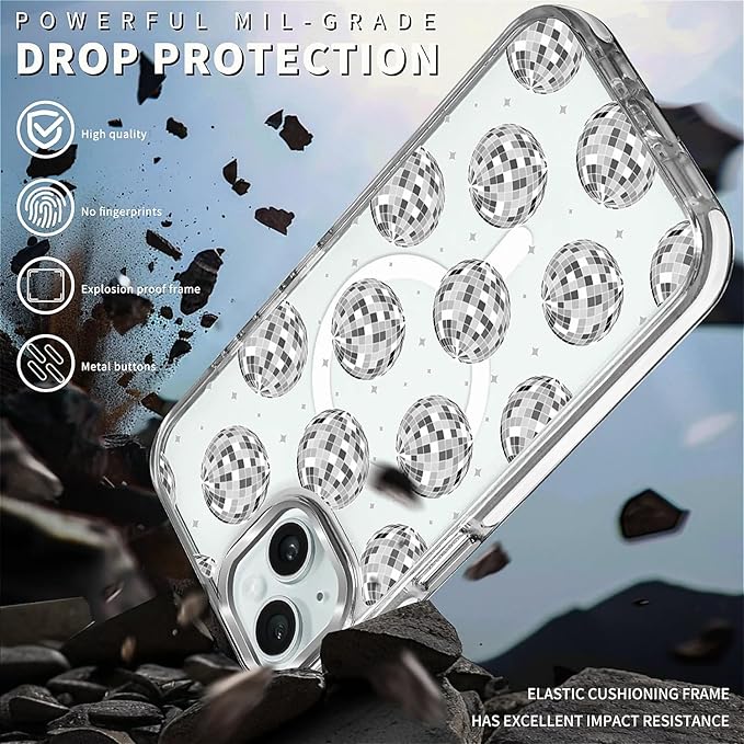 Case for iPhone 13/14,[Compatible with MagSafe],Disco Ball Grayish White Phone Case Design，for Women Girls Magnetic Clear Cover - Slim, Sleek, & Shockproof Protection