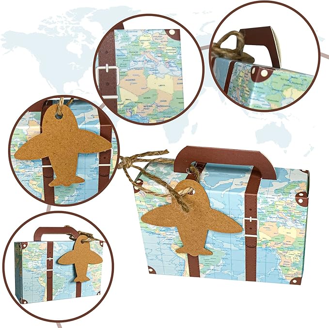 50Pcs Party Favor Candy Box, World Map Mini Suitcase Favor Box, Vintage Kraft Paper with Tags and Burlap Twine for Travel Themed Party, Bridal Shower, Wedding Decorations