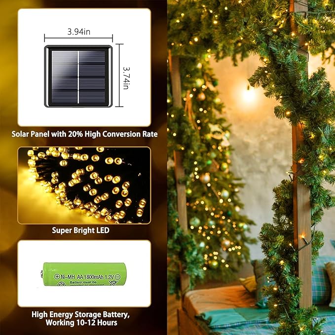 4 Pack Solar String Lights for Outside, 170 FT Total 480 LED Solar Chrismas Lights Outdoor with 8 Modes & Memory Function, Waterproof Twinkle Light for Xmas Tree Yard Party Decorations (Warm White)