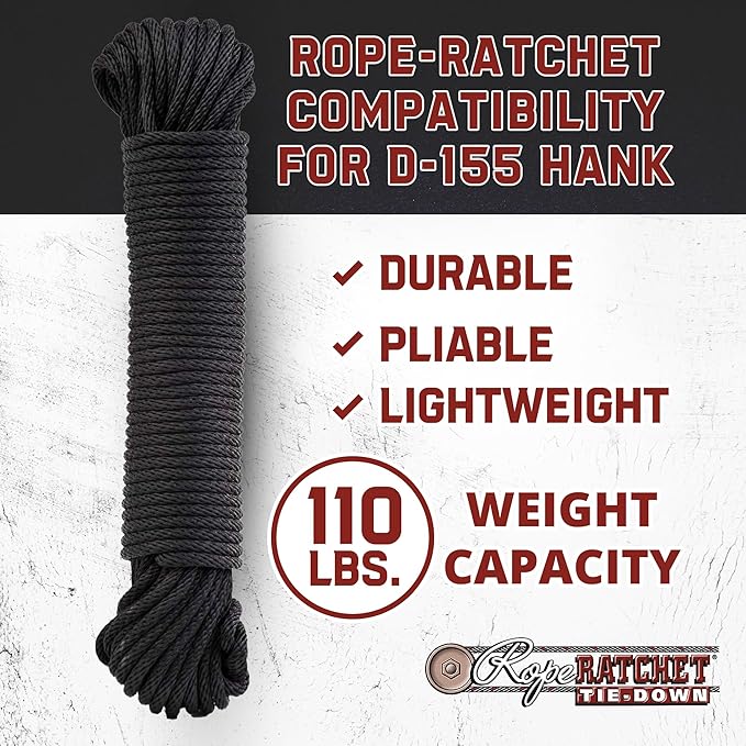 Rope Ratchet 3/16" 50 ft Braided Polypropylene Utility Cord, Weather Resistant Indoor Outdoor for Gardening, DIY Projects, Securing Loads, Binding, Knot Tying, Tarp Use, 110 lb Capacity - Black