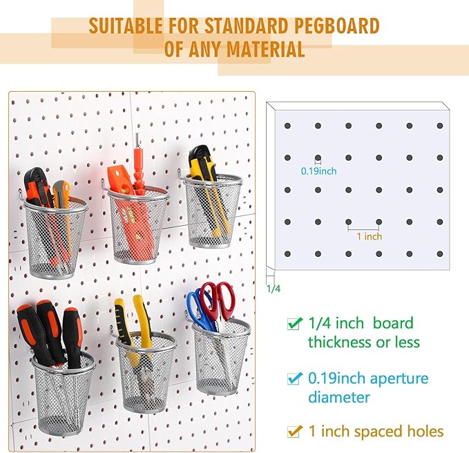 Spakon 6 Sets Pegboard Cups with Ring Hook, Peg Board Baskets Bin Holder Organizer Accessories Pegboard Pencil Cup Multipurpose Metal Pen Holder for Office Garage(Silver,2.56x4.13x3.54'',Regular)