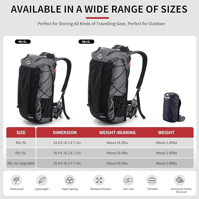 Naturehike 65L Rock Upgraded Internal Frame Hiking Backpack for Outdoor Camping Travel Backpacking with Rain Cover Ultralight Backpack for Adults