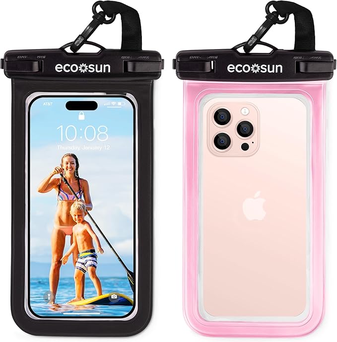 Eco Sun Waterproof Phone Pouch & Floating Wrist Strap Bundle (2-Pack Each) – Waterproof Phone Case + Float Strap – Travel & Beach Essentials Designed in Hawaii – Fits iPhone 17 Pro Max, GoPro, Cameras