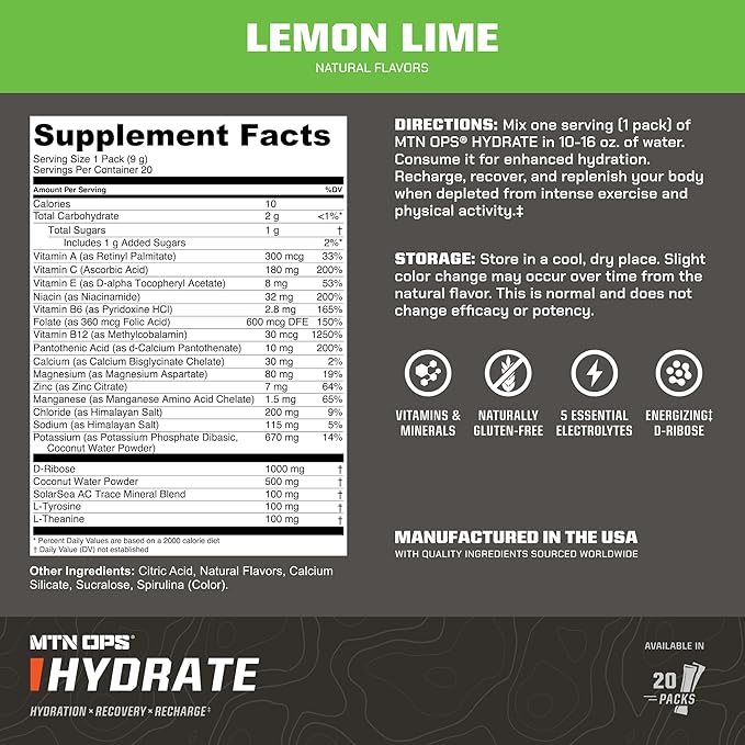 MTN OPS Hydrate Electrolytes Powder Drink Mix, 20 Single Serving On-The-Go Electrolyte Packs with Over 1000mg of Electrolytes per Serving, Lemon Lime