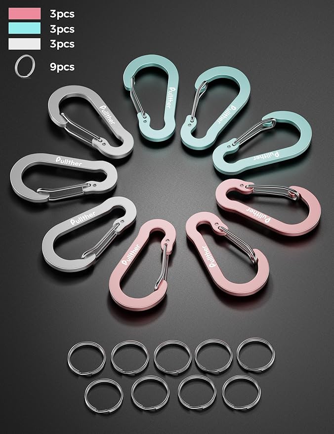 9PCS Carabiner Keychain Clip,2.7" Large Aluminum Carabiner Clips with 9PCS Stainless Steel Key Rings