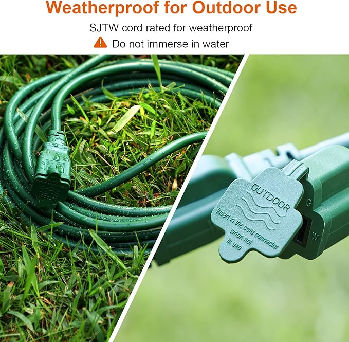 SURAIELEC Outdoor Extension Cord with Multiple Outlets, (34+6+6+6) 52FT Total, 40FT End to End, 1-3 Outlet Cord Splitter, 16/3C SJTW, for Landscape, Christmas Light, Halloween Decorations, Green