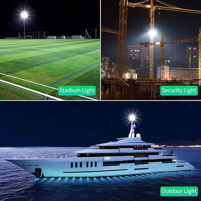ISUERFY 500W LED Flood Light Outdoor with Plug+10ft Cable, 60000LM Ultra Brighter 5000K Exterior Security Light, IP66 Waterproof Commercial Lighting for Sports Fields Counts Arena Stadium(2 Pack)
