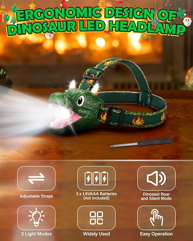 LED Dinosaur Headlamp for Kids, Children's Toy Flashlight Dinosaur Toys for Age 3 4 5 6 7 8 9 Years Old Kids, Camping Hiking Gear for Boys Girls
