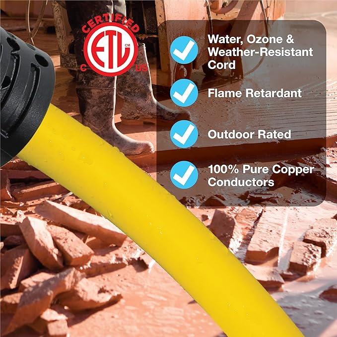 Clear Power 50 ft 12/3 SJTW Heavy Duty Outdoor Extension Cord, Water & Weather Resistant, Flame Retardant, Yellow, 3 Prong Grounded Plug, CP10145