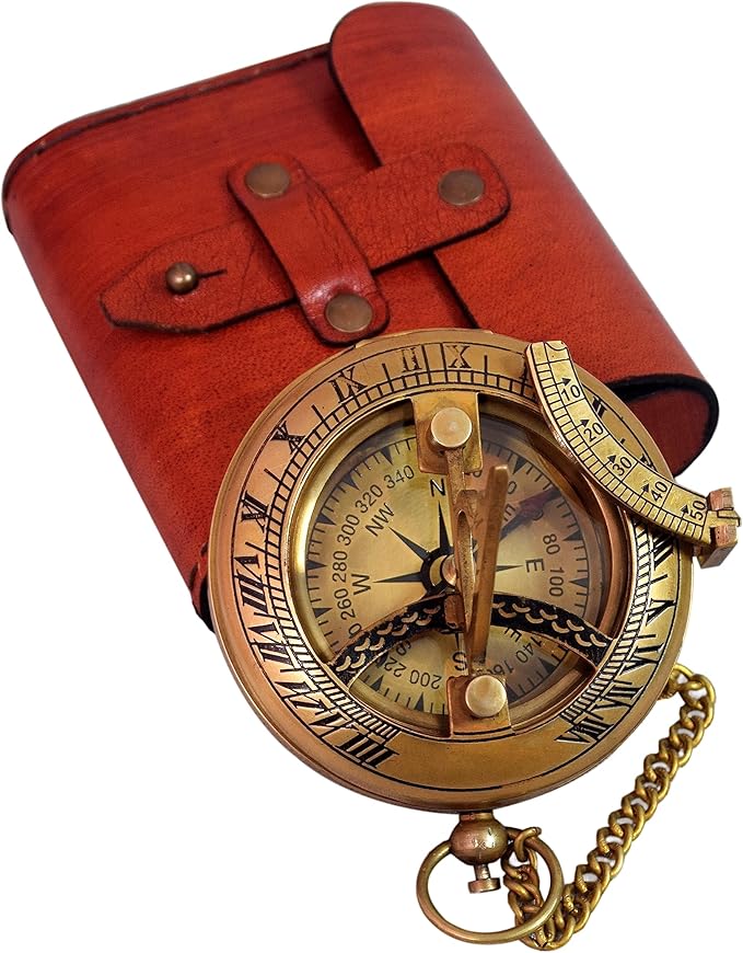 Vintage Brass Sundial Compass with Leather Case – Antique Nautical Navigation Tool, Engraved Marine Compass, Outdoor Hiking Camping Gift for Men, Father, Husband, Explorer