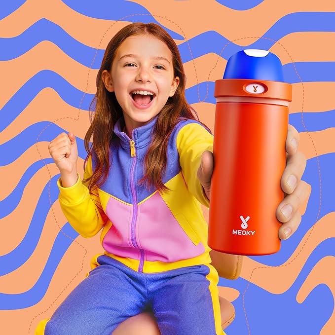 18 oz Insulated Water Bottle for Kids: Meoky Metal Water Bottle with 2-in-1 Straw and Spout Lid - Leak Proof, Cold for 24 Hours, BPA-Free for Boys School Sports, Blue Citrus