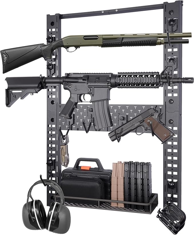 Adoreal Modularity Gun Wall Mount, Hold Up 120LBS Gun Rack for Wall with 10 Mounting J-Hooks, Rifle Shotgun Rack with Additional Storage, 31.8" x 22" Tactical Gear Wall Mount, Functional Gun Racks