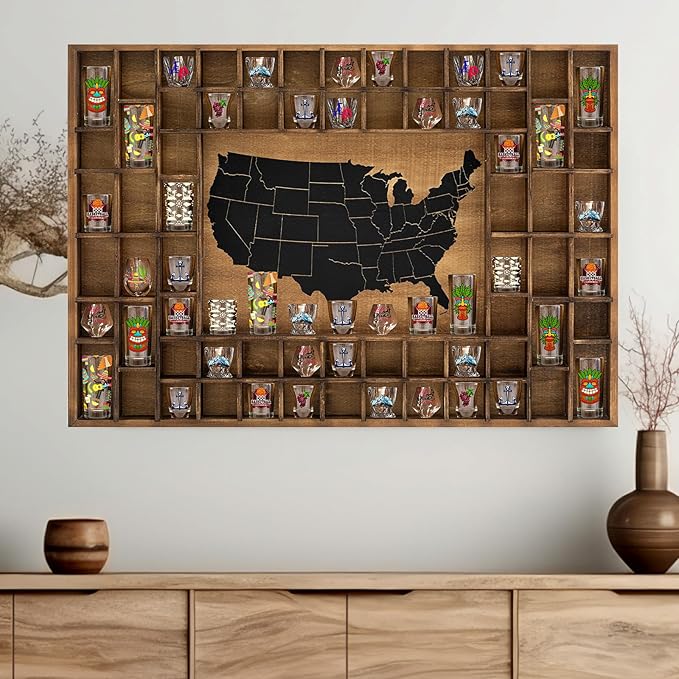 68 Slots 40 x 28'' Large World Map Shot Glass Display Case Rustic Wood Shot Glass Holder for Different Size Wineglass Bar Shelf Organizer Wall Storage Cabinet Decor(Brown,40 x 28'',American Map)
