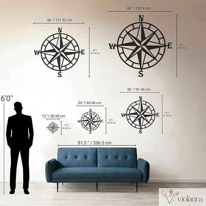 Violaura Compass Rose Metal Wall Art - Easy to Install Hanging Nautical, Directional, Adventure, Navigation, Compass Point, Explorers, Maritime, Wanderlust, Living Room Decor (12" x 12")