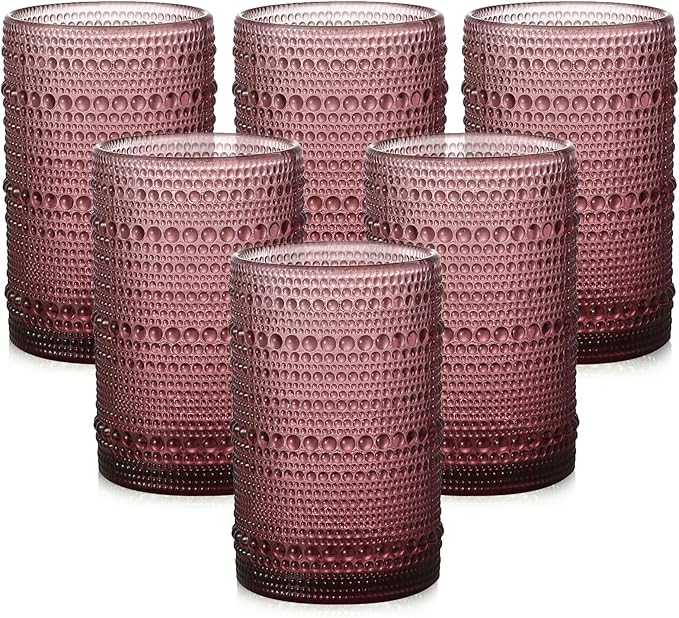 ZMOWIPDL Vintage Glassware Drinking Glasses Set of 6,15 oz Hobnail Glass Cups,Embossed Purple Water Tumbler,for Beer,Cocktail,Whiskey,Juice and Various Mixed Drinks- 1 Cleaning Brush